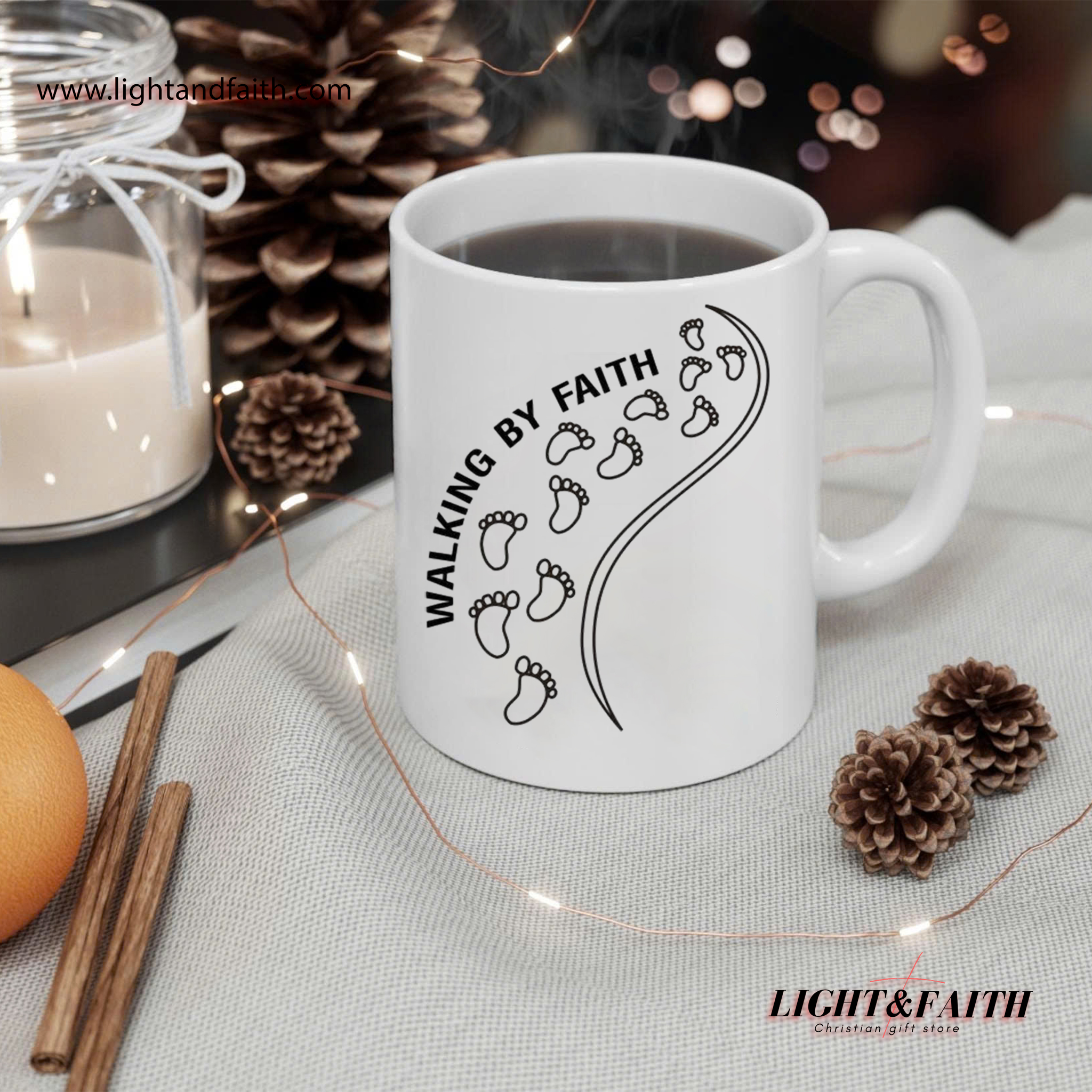 Walking by Faith Mug – Footsteps Christian Coffee Cup, Scripture-Based Faith Encouragement MULAF54